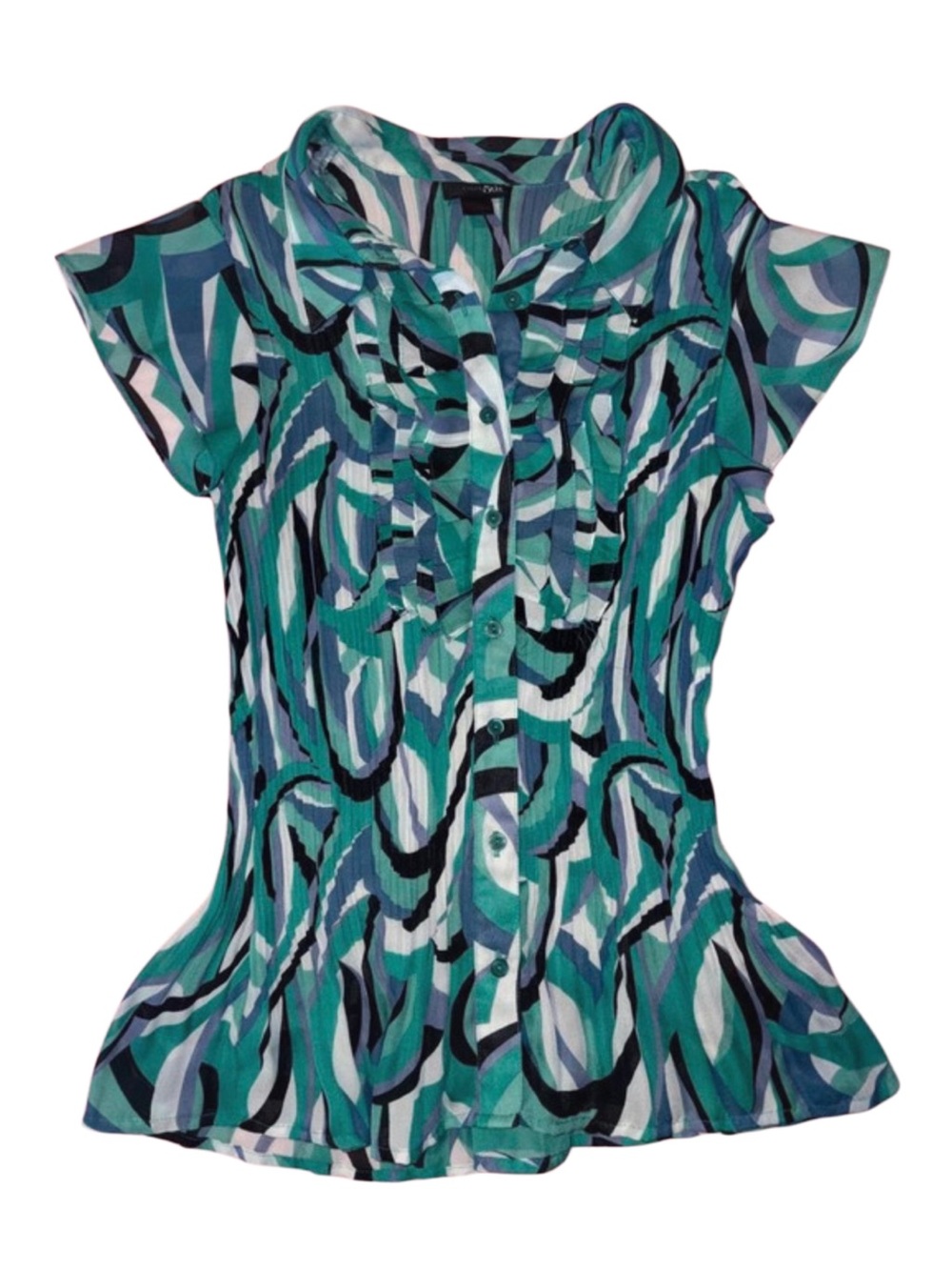 East 5th Teal Multi-Color Printed Ruffle Button Front Blouse
